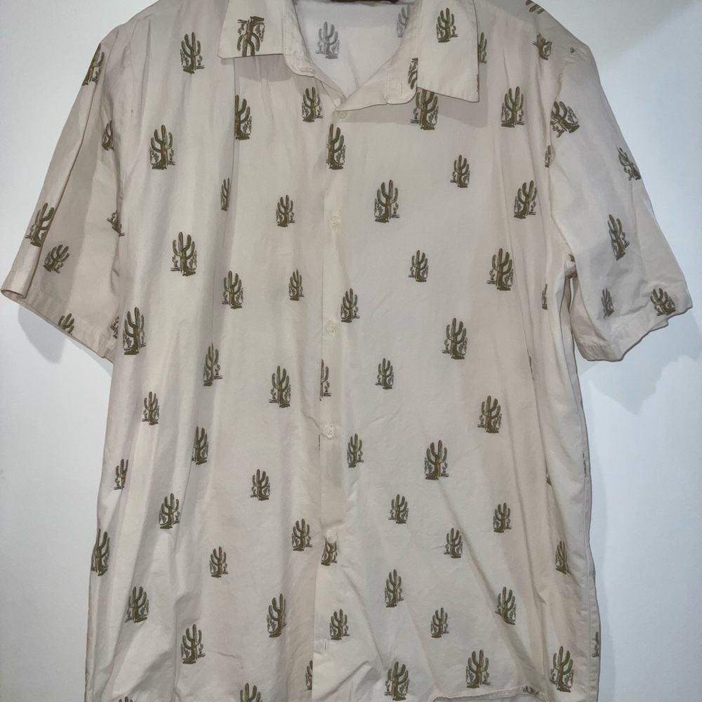 Zara Men’s Cream Casual Button Down Shirt with Cacti Motifs